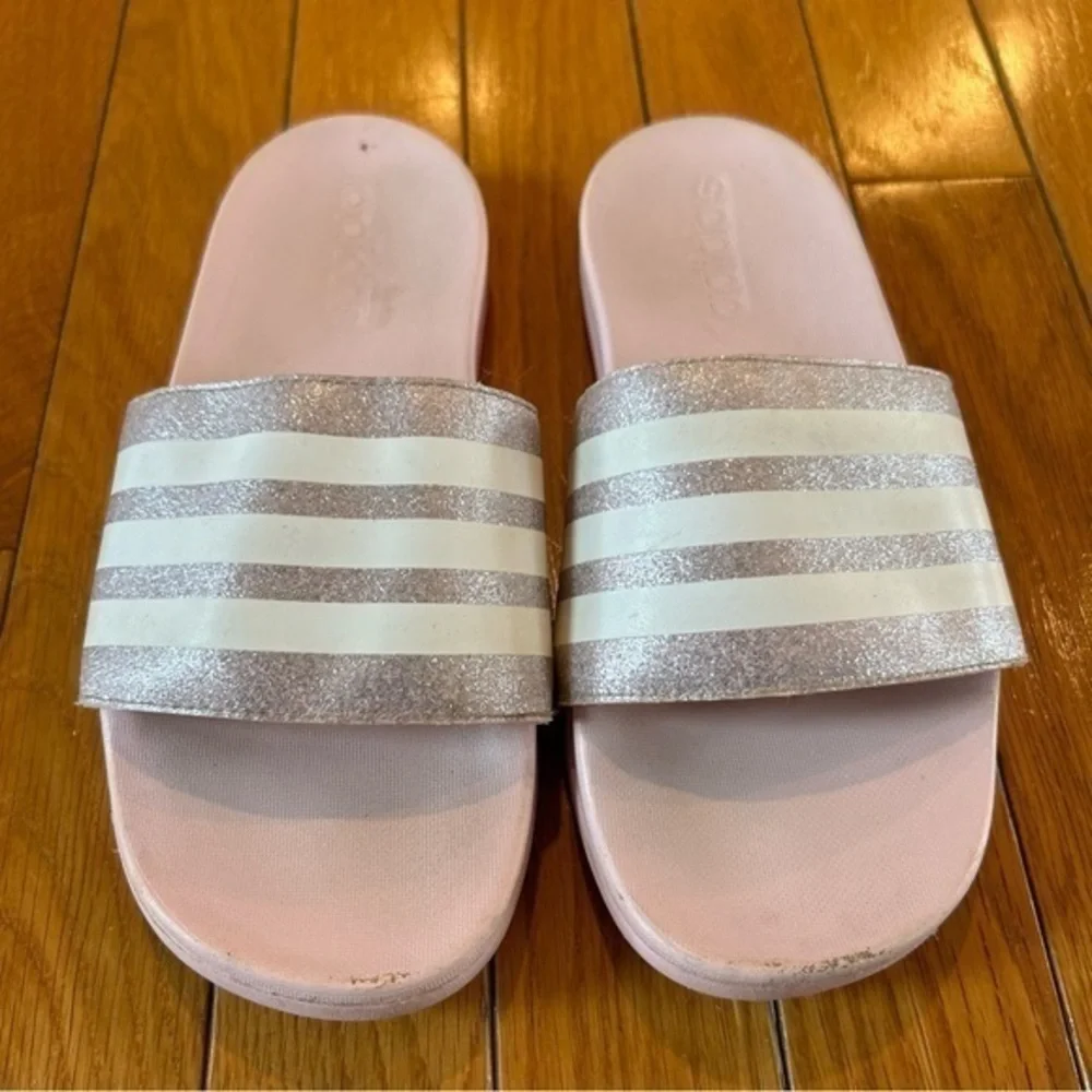 Adidas Slides Sandals Pink Glitter & White Stripe Girls Size 2 Summer Flip Flops